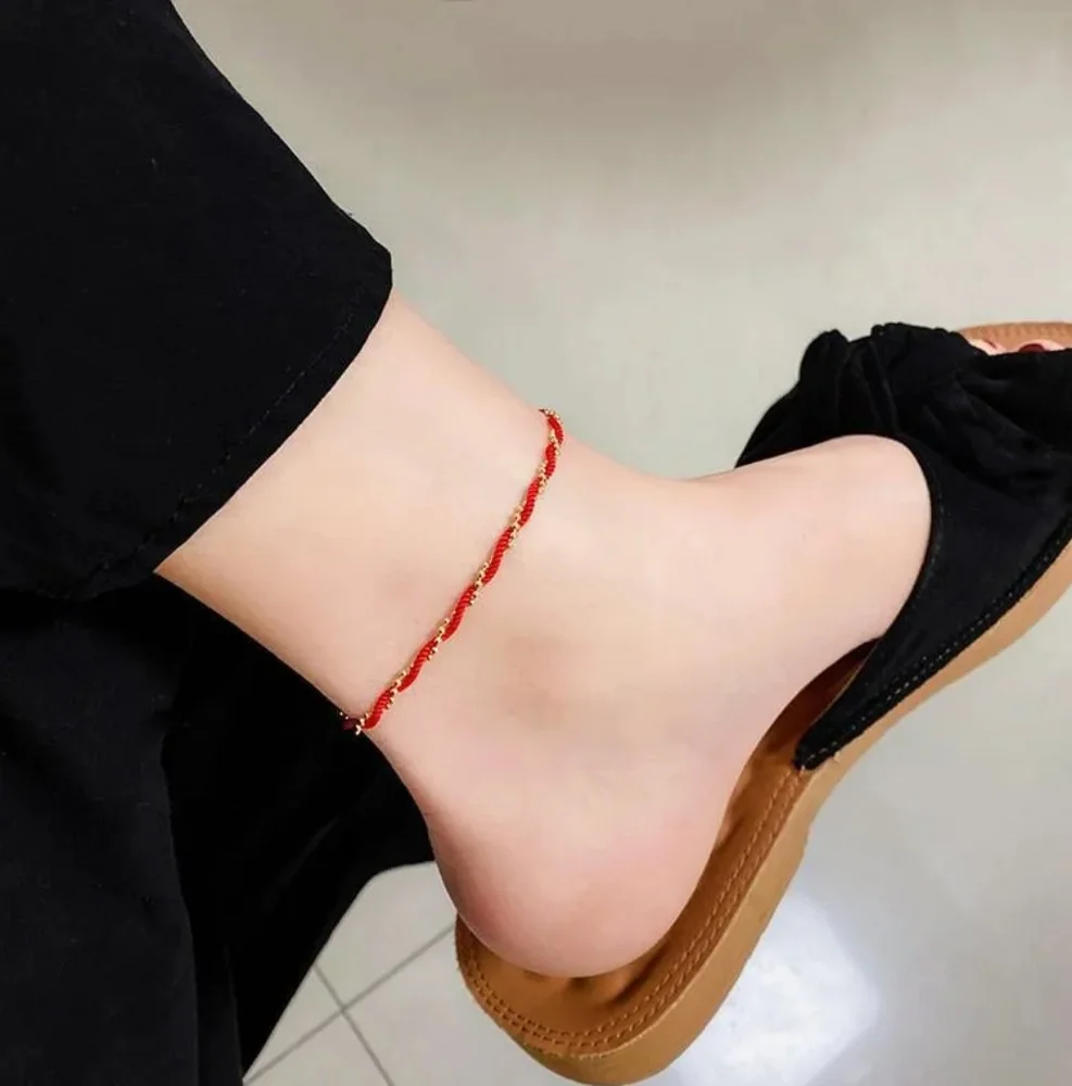 Red Rope String & Gold Beaded Twisted Anklet - Picture 1 of 13